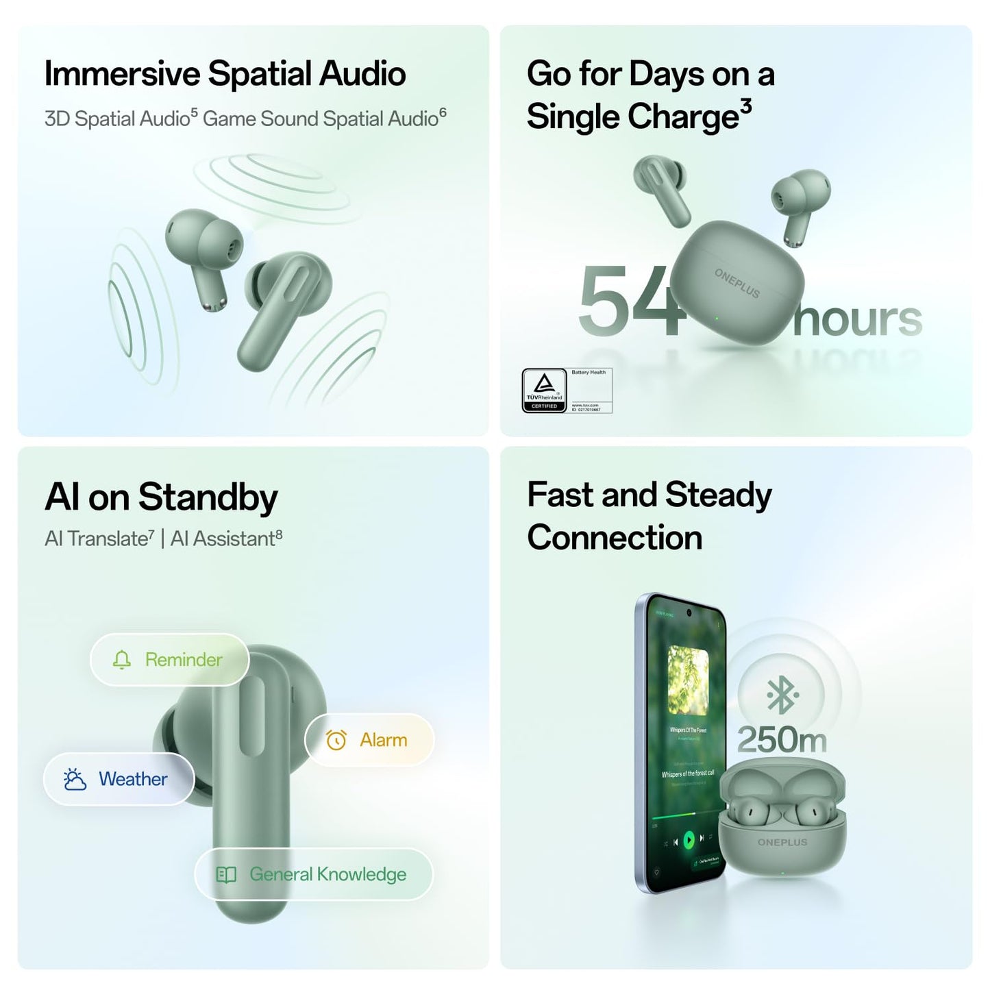 OnePlus Nord Buds 4 TWS Earbuds with 52dB Real-time ANC, Game Sound Spatial Audio, 6-Mic AI Clear Calls, Up to 54hrs Playback, 10 min for 11 hrs Fast Charging, Bluetooth 6.1 - Astral Teal