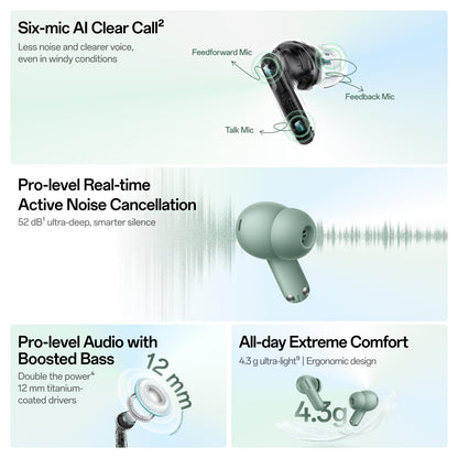 OnePlus Nord Buds 4 TWS Earbuds with 52dB Real-time ANC, Game Sound Spatial Audio, 6-Mic AI Clear Calls, Up to 54hrs Playback, 10 min for 11 hrs Fast Charging, Bluetooth 6.1 - Astral Teal